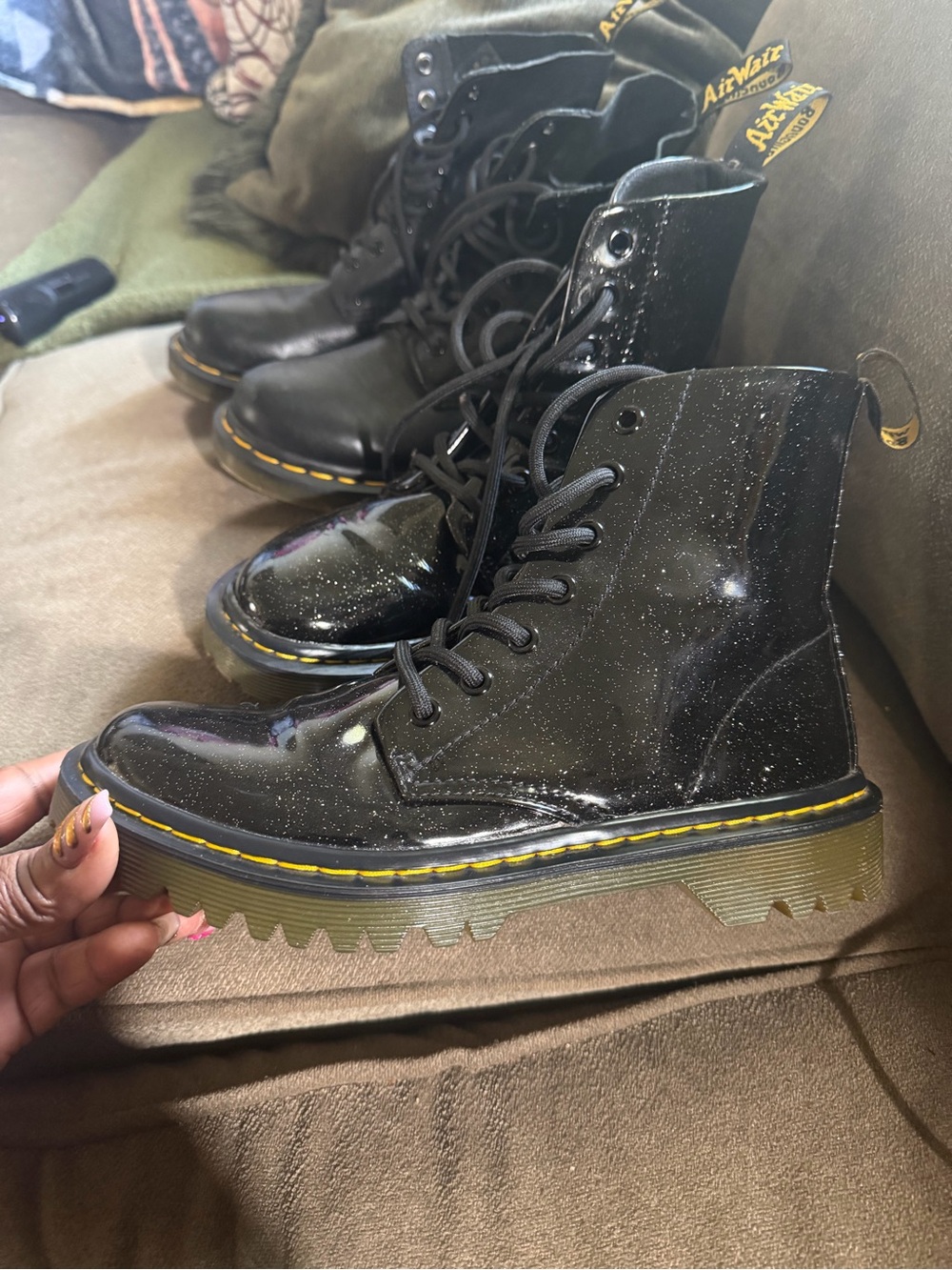 Doc Martens Black Glitter Lace-Up Combat Boots with Yellow Stitching